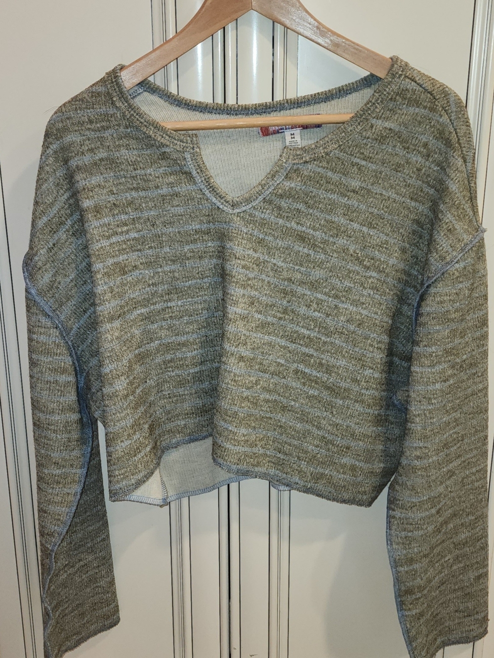 Urban Outfitters Olive Green Striped Cropped Crewneck Sweater